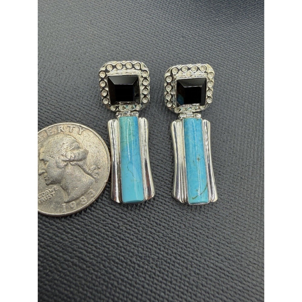 Sterling Silver Turquoise Smoky Topaz Dangle Earrings Southwestern Statement 925 - Picture 11 of 14